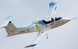 An Airbus E-Fan.1, an electrical aircraft participates in flying display during the opening of the 51st Paris Air Show at Le Bourget airport near Pari